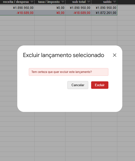 Formulário Excluir lançamento do ReceiptLoom