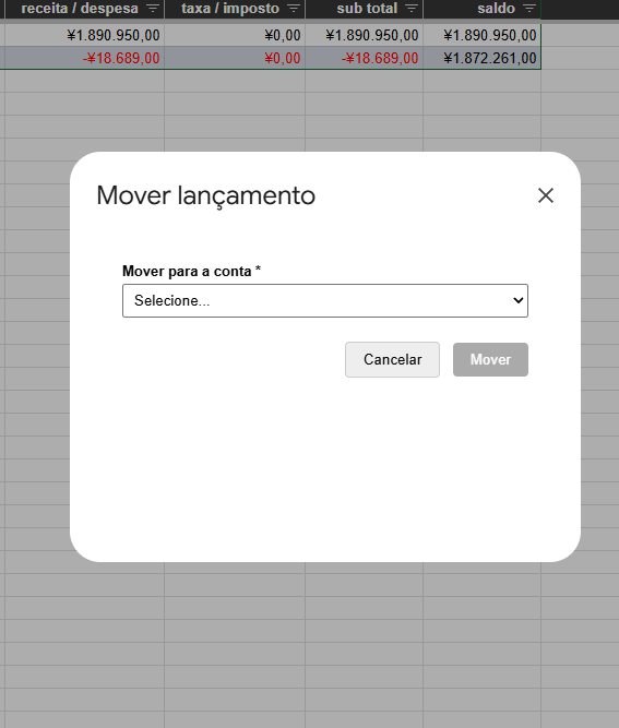 Formulário Mover lançamento do ReceiptLoom
